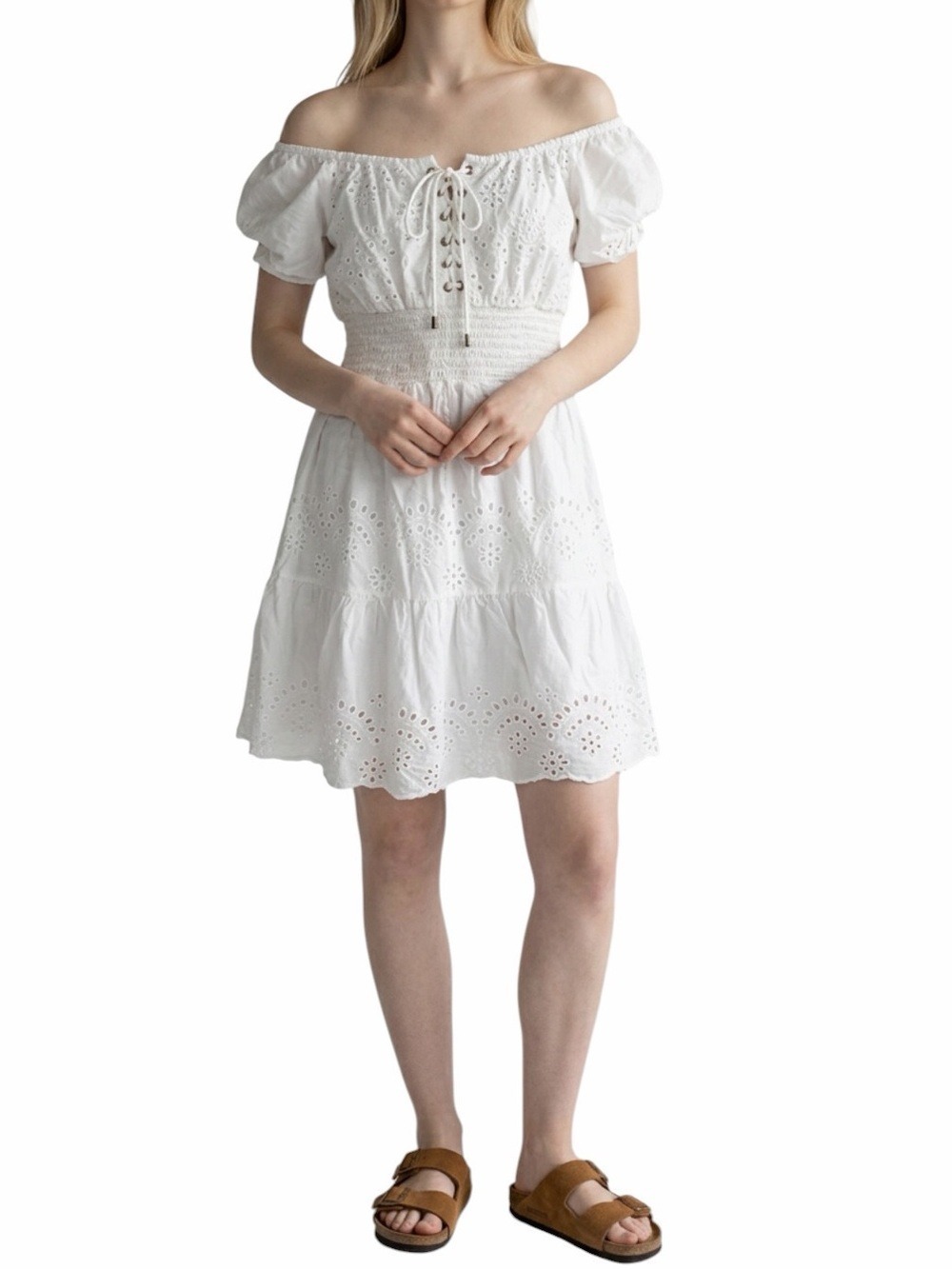 BOSTON PROPER Lace Eyelet Off the Shoulder Corset Tiered Ruffles Dress Size L